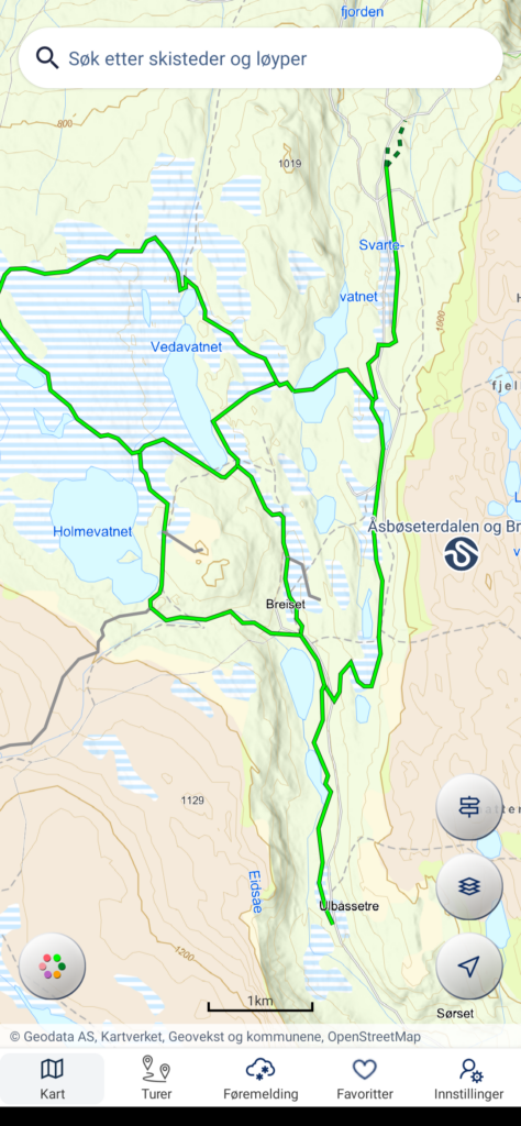 En skjermdump fra appen Sporet som viser preppestatus på løypene i Åsbøseterdalen.