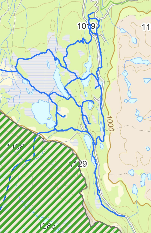Kart fra kommunedelplan for stier og løyper som viser eksisterende og nye løyper i Åsbøseterdalen.